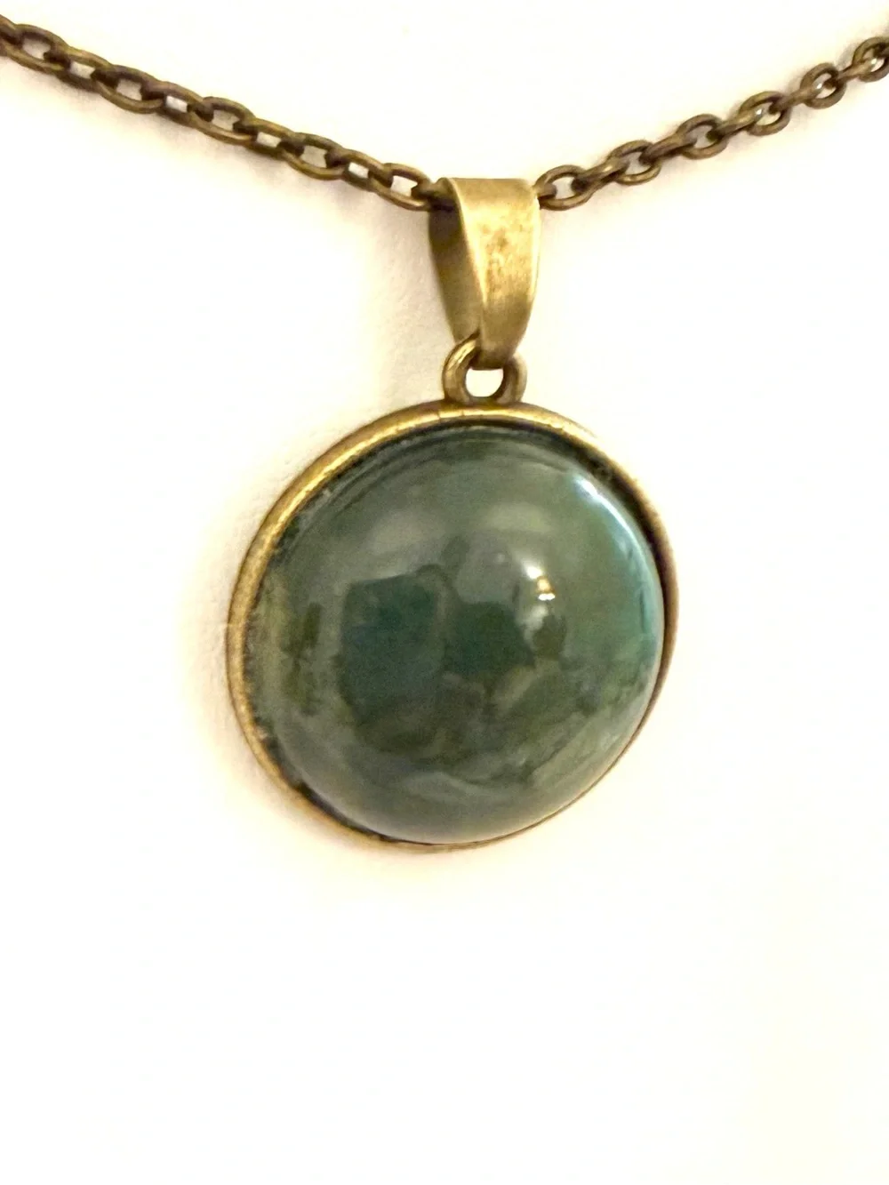 S925 Green Aventurine Pendant Necklace Bronze Tone Bezel Round Stone 18